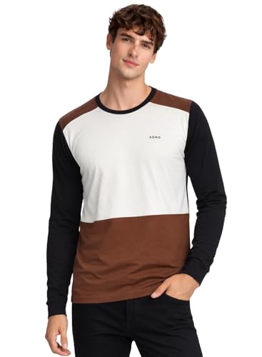 Image of ADRO Men's Full Sleeve T-Shirt Navy Grey Colorblock | Cotton Round Neck Casual Tshirt | Regular Fit Stylish T Shirt