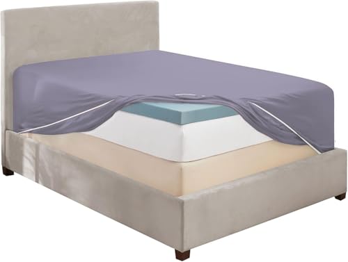 Image of Hearth & Harbor Extra Deep Pocket Queen Fitted Sheet - Fits 18 to 24 Inch Mattress - Ultra Soft 1800 Microfiber, Wrinkle-Free & Breathable - Hotel Luxury Fitted Sheet Only, Grayish Purple
