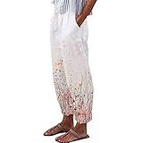Kanpola Leinen Hose Damen Sommer 7/8 Strandhose Blumen Drucken Freizeithose Stretch Baumwolle Leinenhose mit Taschen Bequem Atmungsaktives Yogahose Sommerhose