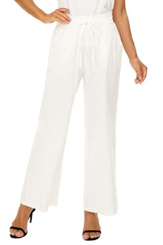LNX Linen Pants for Women High Waisted Wide Leg Drawstring Casual Loose Pants with Pockets