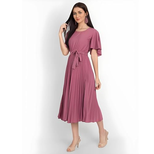 Image of KUDUZO Women's Crepe Long Pleated Below Knee Length Flutter Sleeve Round Neck S to XL Maxi Dress for Girls. (EG-U0IM-B9A1)