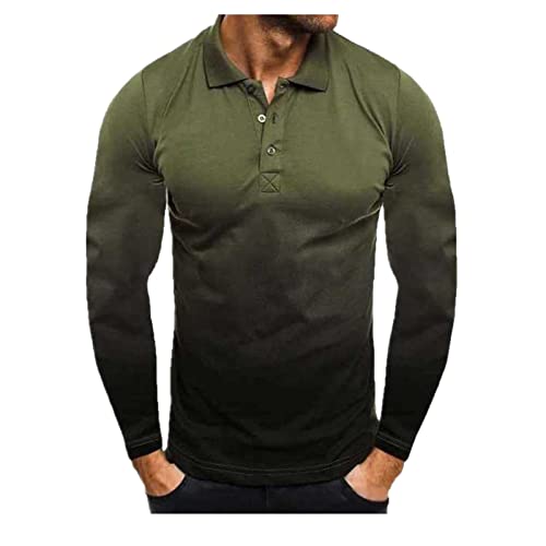Mens Long Sleeve Polo Shirts Fashion Gradient Color Button Down Lapel Pullover Outdoor Workwear Office Casual Shirts