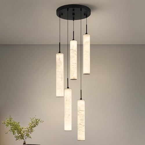 Image of LMQNINE Natural Alabaster Pendant Lights for Kitchen Island White Marble Long Tube Chandelier 4000K Modern Black Ceiling Light Fixtures for Bedroom Dining Room Table Living Room Hallway(M-5Light)