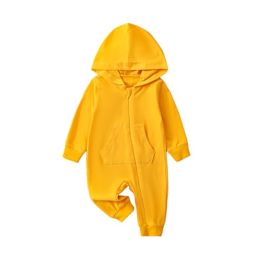 Emmababy Newborn Hooded Romper Baby Boy Girl Solid Color Zip Up Jumpsuit Long Sleeve Zipper Playsuit Fall Winter Warm Clothes