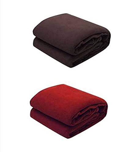 Image of All Season Solid Fleece Blanket Combo for Single Bed | Light Weight Soft and Plush Plain Warm or Hot AC Blankets for Bedroom Living Room, Pack of 2, 58x88 Inches - 800g, Red & Brown