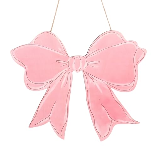Pink Bow Wooden Hanging Sign, Cute Coquette Bow Hanging Wall Decor Preppy Wall Art Welcome Door Sign for Girls' Rooms Dormitories Apartments Indoor Outdoor Porches