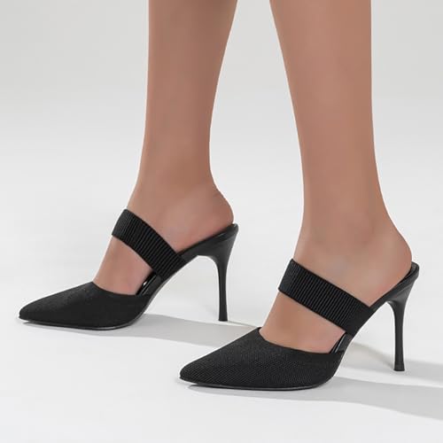 Women's Knit Stretchy Closed Pointed Toe Stiletto Mules Fashion Mesh Breathable Comfort Slip-On High Heel Slingback Dress Slide Sandals with Elastic Strap for Wedding Party Daily Wear4