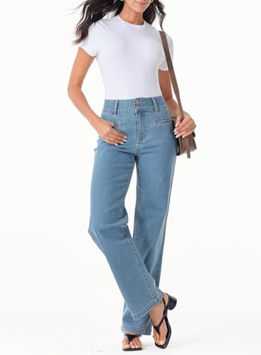 Sidefeel Women's Wide Leg Jeans High Waisted Straight Leg Stretchy Zimbaplatinum Trendy Loose Denim Pants Blue Size 44