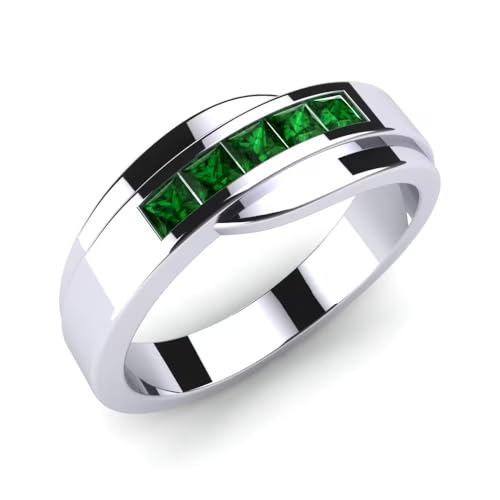 EUSJ S925/10K 14K 18K Solid Gold Mens Engagement Rings Personalized Engraved Emerald Green Band Ring for Men Husband