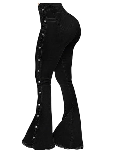 WDIRARA Women's Button Side Flare Jeans High Waisted Raw Hem Bell Bottom Denim Pants