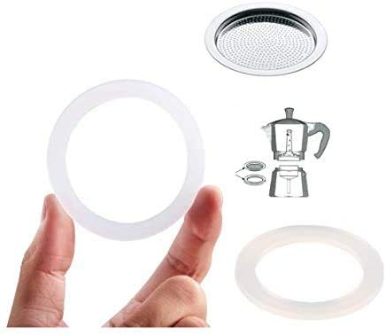 Lot de 2 joints d'étanchéité en silicone / anneau en caoutchouc + tamis / filtre - Remplacement 1 2 3 ou 6 tasses (anneau de rechange (81 mm) + tamis (74 mm) pour cafetière expresso 9 tasses) Cover