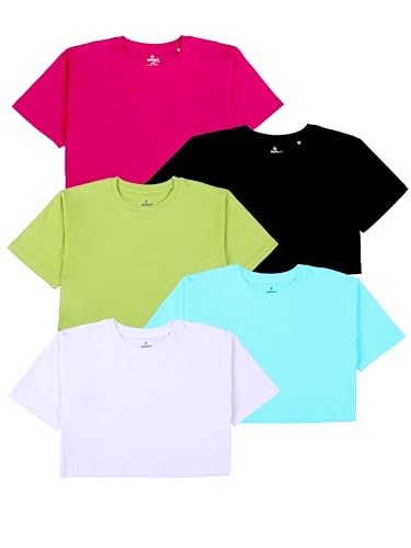 Image of KiddoPanti Girls 100% Cotton Solid Drop Shoulder Half Sleeve Round Neck Crop Tee