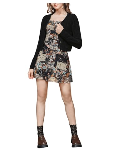 WDIRARA Women's Summer Boho Patchwork Print Spaghetti Strap Flared Short Cami Dress3