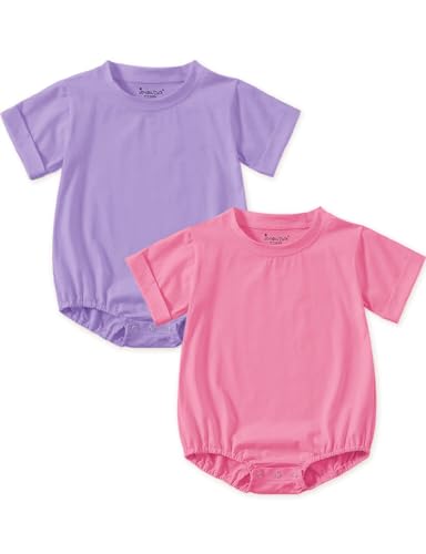 Jimonda Baby Bubble Romper Boy Girl Solid Color T-Shirt Outfits Short Sleeve Bodysuit Cotton Funny Clothes Summer Tops 2Pcs（Rose red&Purple-，6-9M）