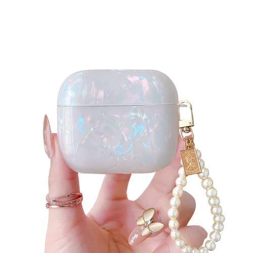 Cute Glitter Airpods 3rd Generation Case, Shell Pattern Airpods 3 Gen Cover Protective Skin Girl Women with Luxury Pearl Keychain - Colorful