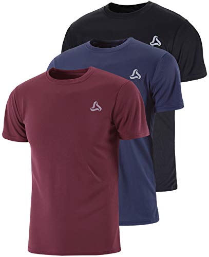 SILKWORLD Men's Mesh Vintage Short Sleeve Quick Dry Workout Running Shirts(Pack of 3),Black, Maroon, Navy,Large