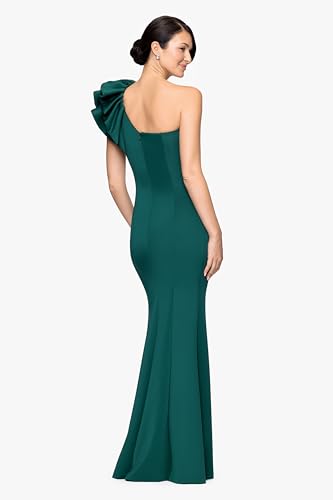Image of Betsy & Adam Women's Long Halter Scuba Crepe Tiered Ruffle Slit Gown