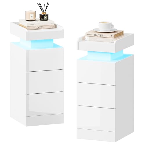 Dripex Bedside Table Set of 2 with Adjustable LED Lights & 3 Drawers - Slim High-Gloss Side Table, Space-Saving Bedside Cabinet for Small Space, Bedroom, Living Room, Office and Study (White)