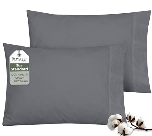 Image of ROYALE LINENS 100% Organic Cotton Percale Pillowcases Set of 2 - Standard Size Percale Pillowcase - Std Set of 2 Pillow Cover - Breathable, Cool & Crisp Grey Pillow Cases (20 inchx26 inch, Grey)