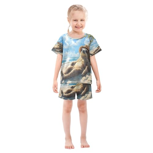ALAZA Sloth Sky Ocean Sea Pajamas Set Short Sleeve Cotton Sleepwear Summer Pjs 2 Piece 5-14Y3