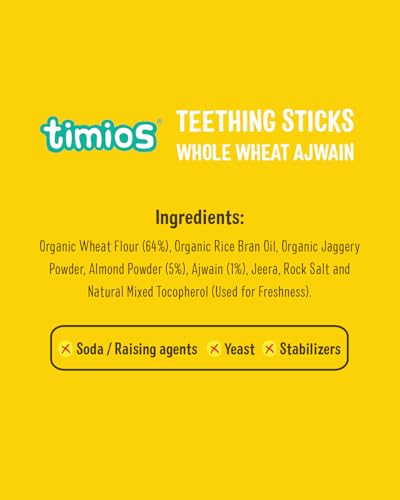 Image of Timios Organic Teething Sticks - Whole Wheat & Ajwain, 150g, Healthy, Tasty & Preservative-Free Baby Snack, Soothes Gums, Promotes Self-Feeding (Pack of 3)