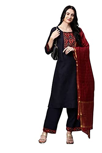 Image of GoSriKi Women's Cotton Straight Kurta with Palazzo & Dupatta (Morning Dark Blue)