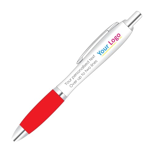 Full Colour Printed Logo Pen With Personalised Text Options for Custom Promotion With Red Colour Grip.