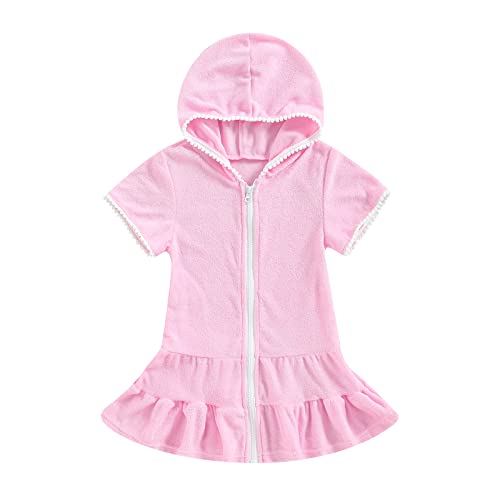 Hoanselay Kids Toddler Little Girl Swim Cover Up Towel Terry Swimsuit Wraps Zip Up Bathing Suit Robe Pool Beach Coverup (Pink, 2-3 Years)