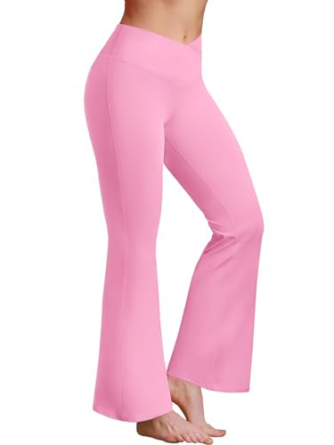 BRXL Tall Yoga Pants Flare V Cross Over High Waist Wide Leg Leggings Tummy Control Bell Bottom Gym Workout Pants Pink