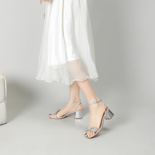 Amoji Women Block Heels 2 In Chunky Shorts Heels Rhinestone Bow Dress Shoes 341 Silver 11 women by Amoji - Used condition - Image 9