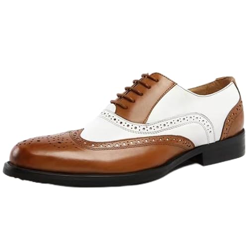 TvzsiY Chaussures Oxford Bicolore Bout d'aile pour Hommes Chaussures habillées à Lacets Antidérapantes pour Mariage Bal de Promo,Brown and White,46 EU