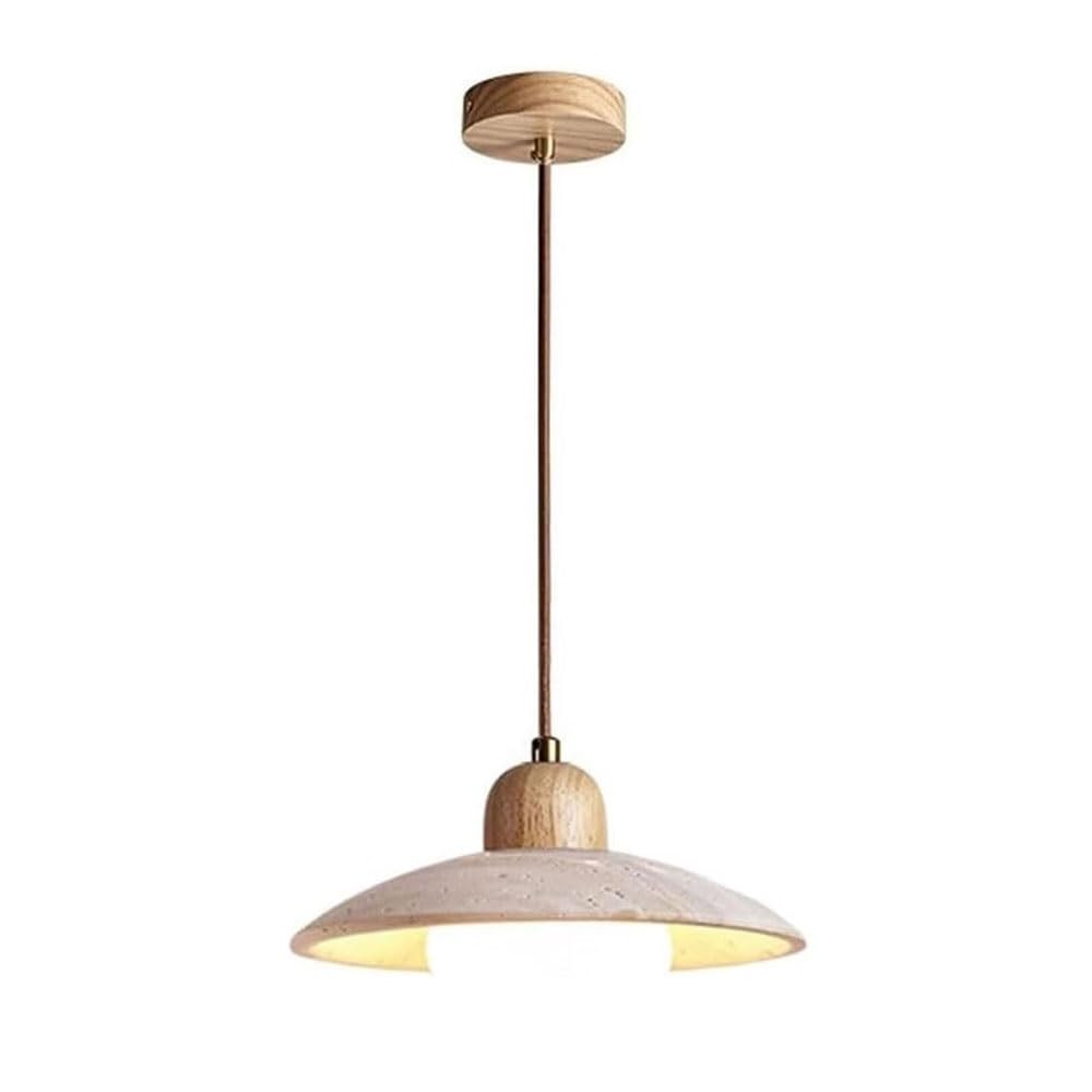 FEITENGDA Modern Minimalist Disk Travertine Pendant Light Japanese Stone Hanging Lamp with Solid Wood Accent Interior Adjustable Height Chandelier for Bedroom Hallway Entryway