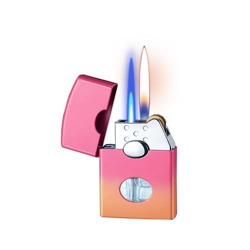 Encendedor de butano Recargable de Doble Llama, Resistente al Viento y con Fuego Directo, con Ventana de Gas Visible for Acampar con Velas.(Pink)