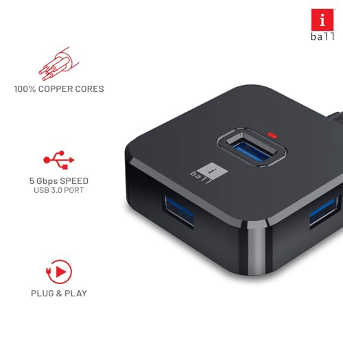 Image of iBall Piano 530 USB 2.0 HUB, 4-Port, 2-in-1 USB-A /Type-C Interface, TPE 1M Flexible Cable, Type-C Input Port for External Power, Stylish Piano Finish