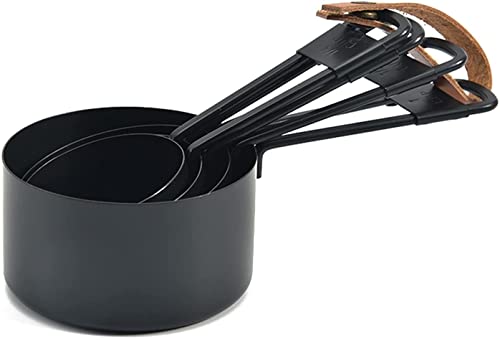 Juego de tazas y cucharas medidoras de acero inoxidable negro con escala transparente y anillo colgante para cocinar y hornear – 9 piezas