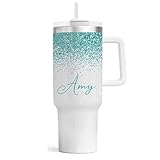 Personalized 40oz Tumbler With Handle and Straw | Stainless Steel Insulated Tumbler | Travel Mug | Double Wall Coffee Cup for Hot and Cold Drinks | Teal Glitter Effect with Name