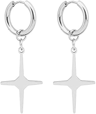 GulCean Cross Earrings for Men Women Stainless Steel Kpop Goth Edgy Punk Rock Hip Hop Style Feather Star Cross Dangle Dangly Hanging Hoop Earrings Hypoallergenic