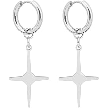 GulCean Cross Earrings for Men Women Stainless Steel Kpop Goth Edgy Punk Rock Hip Hop Style Feather Star Cross Dangle Dangly Hanging Hoop Earrings Hypoallergenic