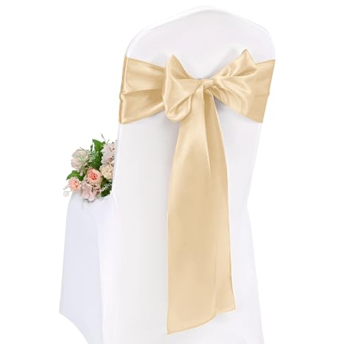 Pesonlook Lot de 100 écharpes de chaise en champagne, bandes de couverture de chaise en satin 17,8X274 cm avec nœud et ruban à nouer à l'arrière pour...