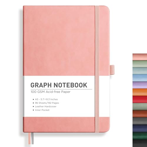 Image of RETTACY Graph Grid Paper Notebook, 192 Pages, A5 Size (5.7'' x 8.3'')