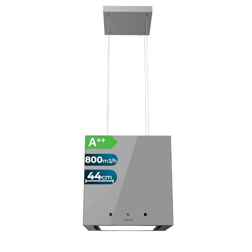 Cecotec Quadratische Insel-Dunstabzugshaube 44 cm Bolero Flux Cct 448000 Glass Grey A++. Graue Glasoptik, Saugleistung 800 m³/h, 210-W-Motor, 3 Leistungsstufen, Kohlefilter