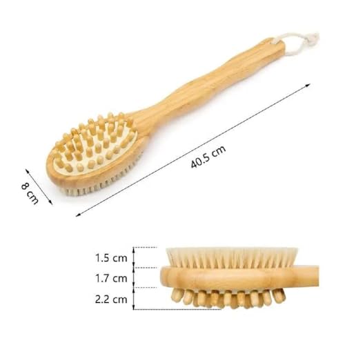 Image of 2-in-1 Long Handle Body Brush for Exfoliation & Massage - Natural Bristles, Reduces Cellulite, Stimulates Circulation, Removes Dead Skin, Dry & Wet Use