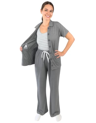 Inspired Comforts Post Surgery Mastectomy Recovery Pajamas Set with Internal Drainage Pockets (US, Alpha, XX-Large, Regular, Regular, Graphite)