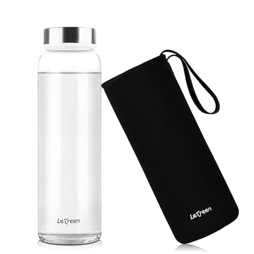 LETREEN Glasflasche 1 Liter mit Schutzhülle, Weite Öffnung Wasserflasche 1L Glas mit Spülmaschinenfest 1000ml Auslaufsichere Trinkflasche, 100% BPA frei geeignet für Büro Schule Sport, 1 Stück