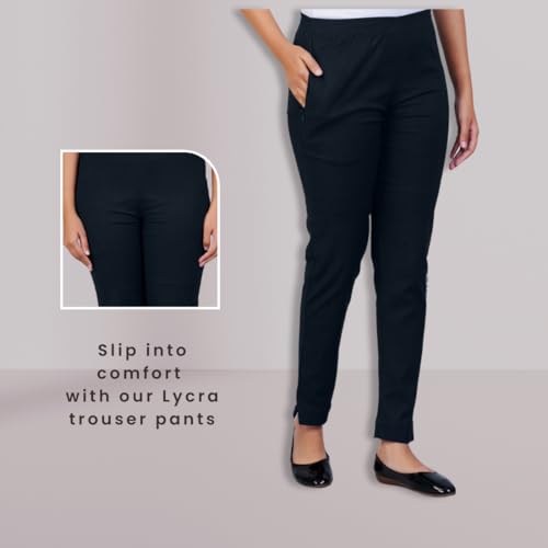 Image of Happy Bunny Cotton Blend Lycra Kurti Pants for Women, Soft 30% Stretch Full Length Trousers with Elastic Waist & Zip Pocket, Ideal for Office, Work, Casual, Home Wear Breathable Slim Fit