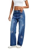 Wanduyini Women's Rhinestone Embellished Straight Leg Jeans Star Sparkling Denim Pants for Parties Night Out Casual Glam (Mid Blue,XS)
