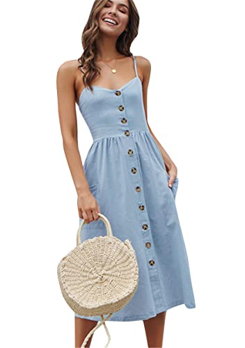 Image of YMING Womens Summer Spaghetti Strap Dresses Button Down Floral Sundress High Waist Swing Midi Dress with Pockets