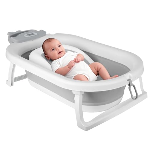 Homewell XXL - Bañera plegable para bebé, bañera infantil con cojín soporte, termómetro de agua y enjuague cabeza bebe, baño confort de viaje, 82 x 43 x 33 cm, gris (hojas)