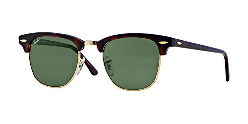 Ray-Ban RB3016 Clubmaster Square Sunglasses, Black on Gold/Green, 51 mm