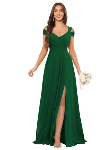 Image of petyoo Off Shoulder Chiffon Bridesmaid Dresses with Slit Long Formal Evening Dress
